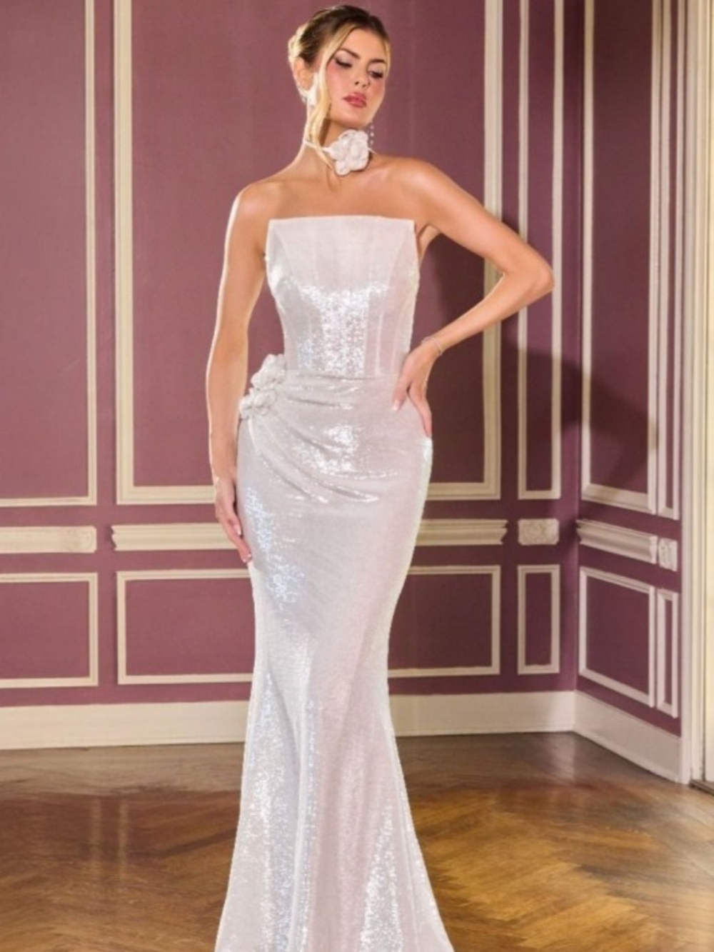 Strapless Sequin Evening Gown in White